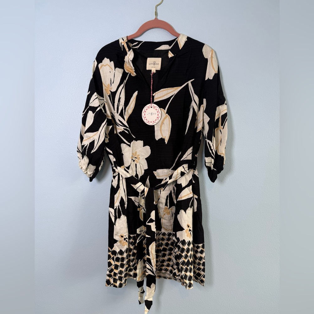 Umgee Black Cream and Tan Floral Button-Front Dress